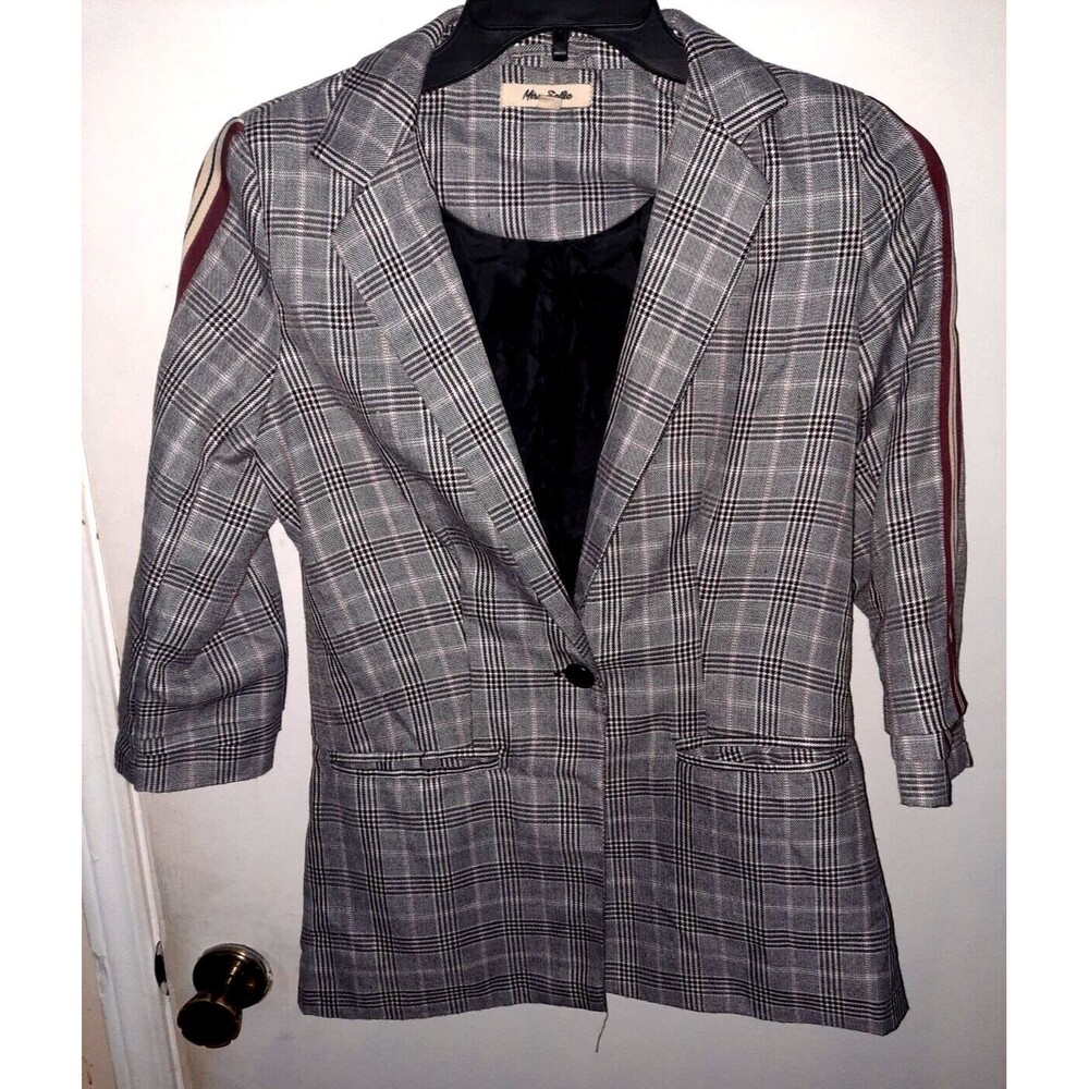 Miss Selfie Gray Plaid Blazer – Maroon Arm Stripes – Women’s Size Small
